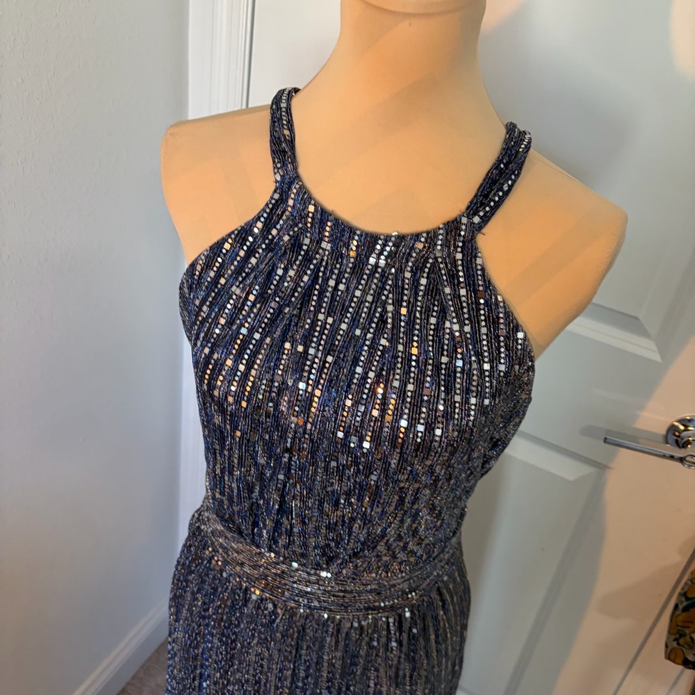 Sequin Halter Evening Dress - Navy